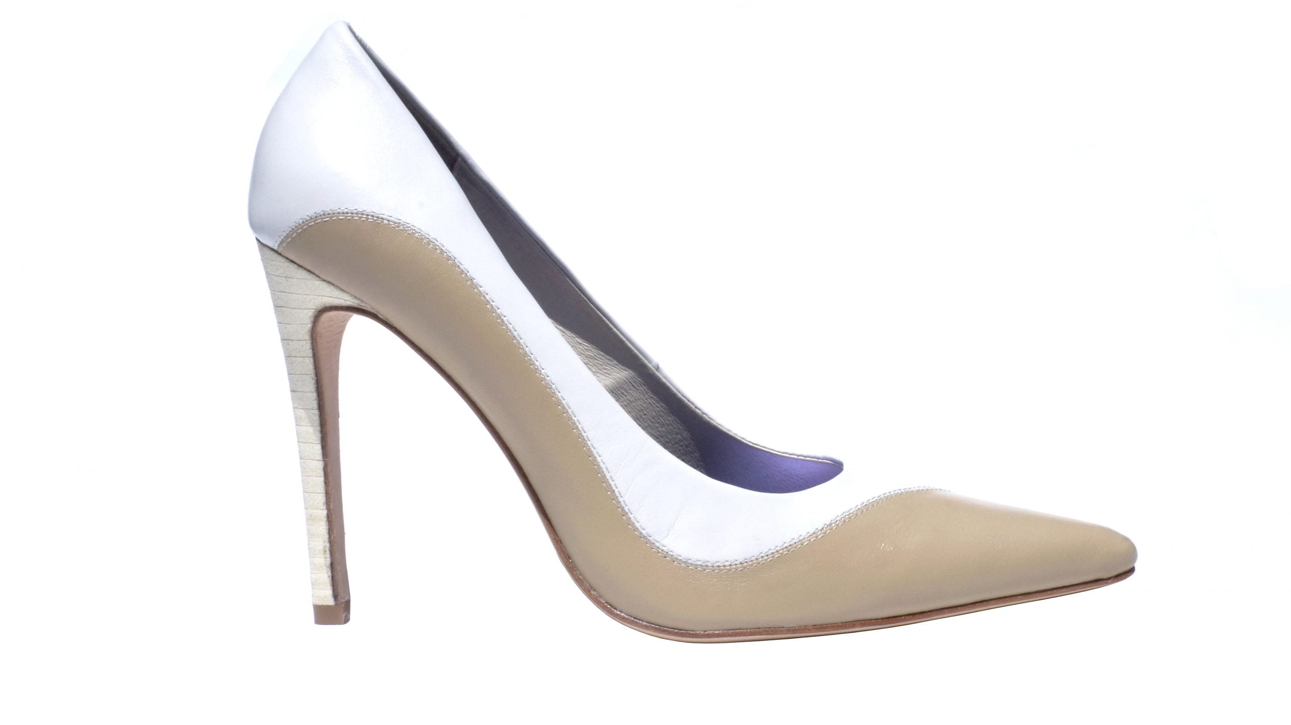 Ivory and cream asymmetrical point toe pump, 4 inch heel