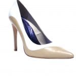 Ivory and cream asymmetrical point toe pump, 4 inch heel