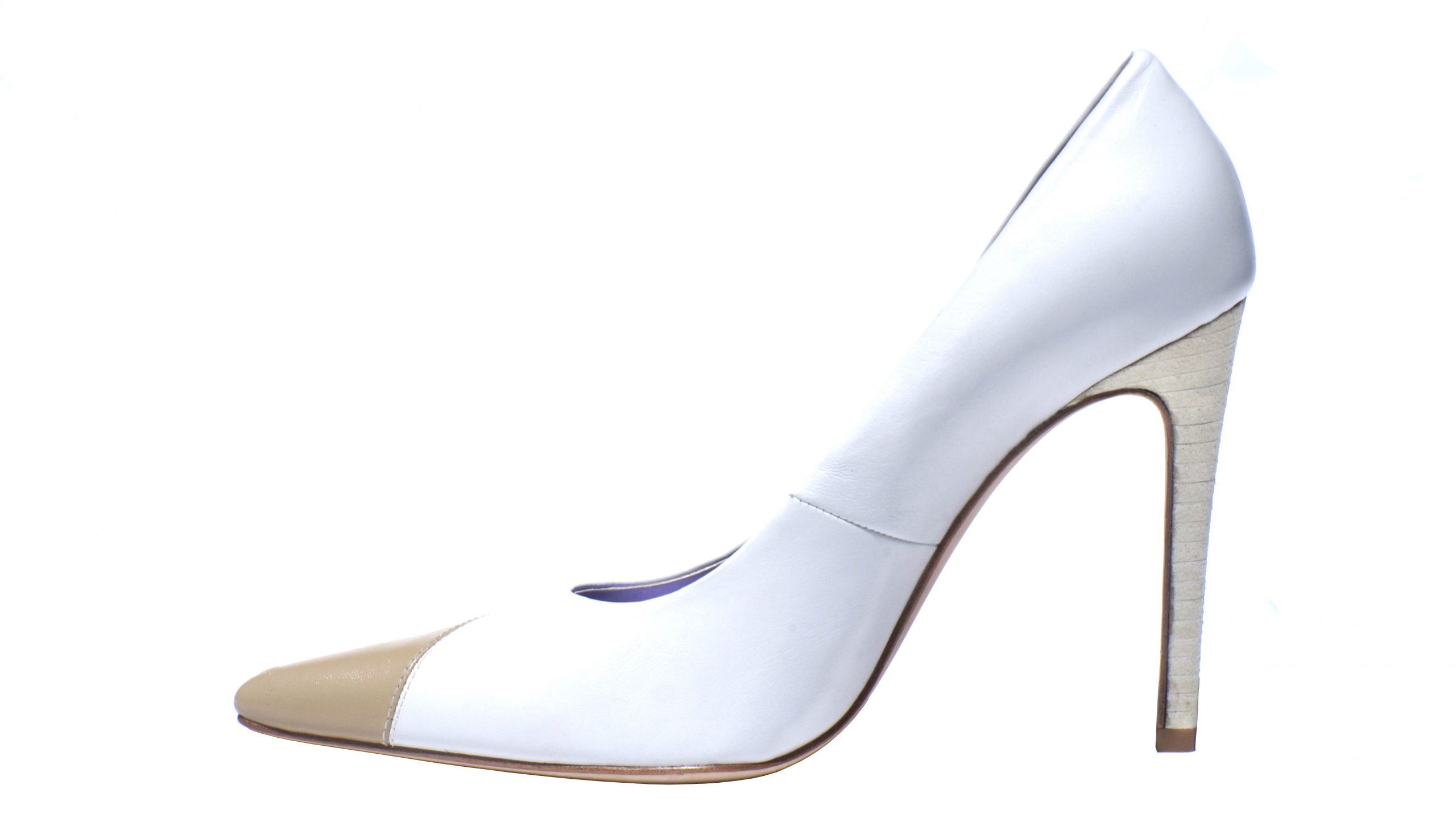 Ivory and cream asymmetrical point toe pump, 4 inch heel