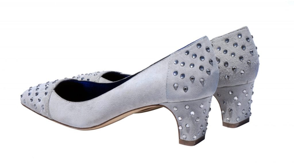Designer Shoes by Glory Gold! 2 designer shoes, Grey kid suede, rhinestone jewel adorned, 1.5 inch heel, square toe pump, low heel jeweled suede pump