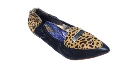 Black nappa leather and cheetah pony hair, round toe loafer flat, with Glory Gold Logo emblem