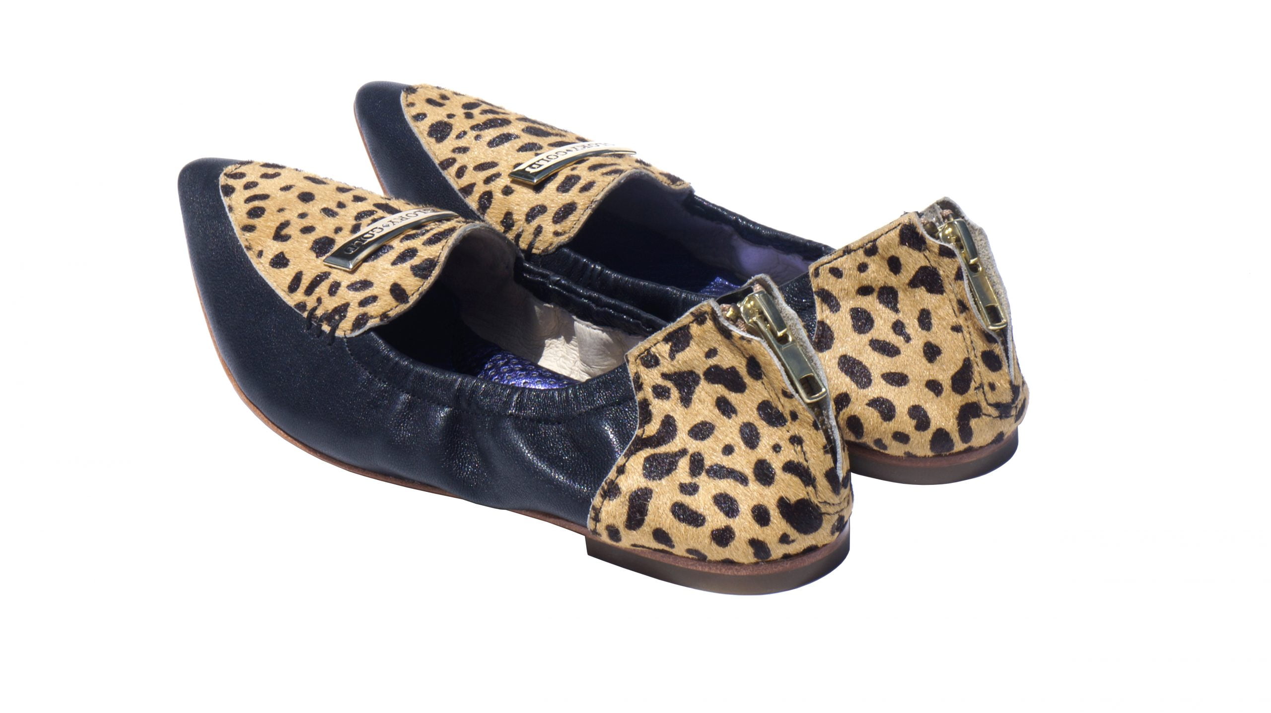 Black nappa leather and cheetah pony hair, round toe loafer flat, with Glory Gold Logo emblem