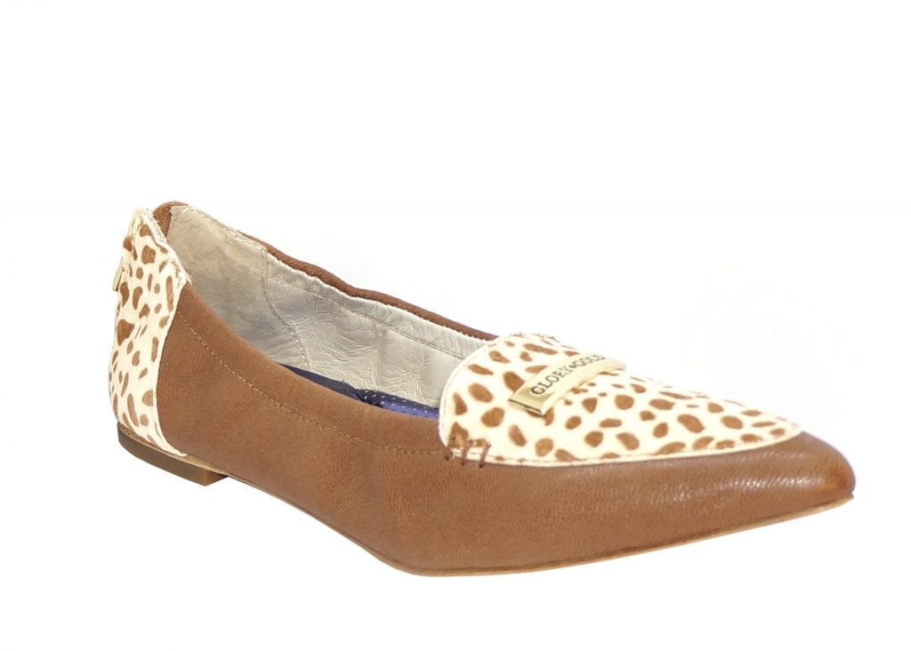 Home 44 Cognac nappa leather and Ivory pony hair, round toe loafer flat, with Glory Gold Logo emblem