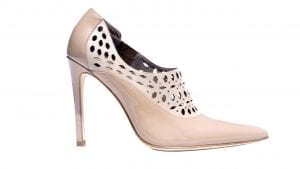 Home 45 laser cutout patterned instep; mixed media, high cut shoe, patent leather, nappa finish, 4 inch heel