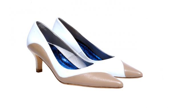 Ivory and cream asymmetrical point toe pump, 2 inch heel