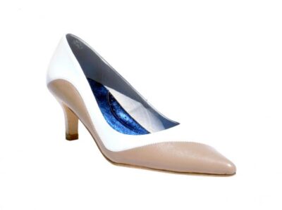 Ivory and cream asymmetrical point toe pump, 2 inch heel