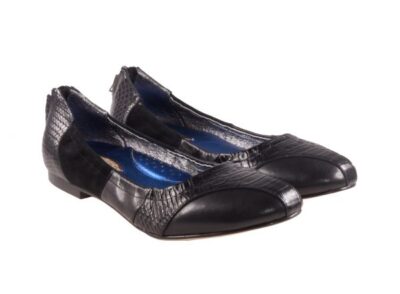 Black nappa leather and suede croc embossed, round toe ballerina flat, mixed media flat shoes