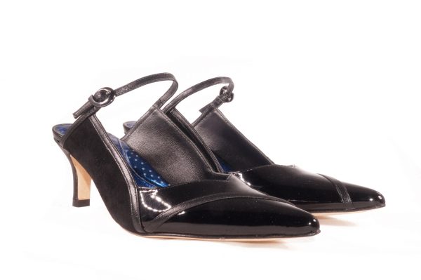 Black patent leather and kid suede, 2 inch heel mule style shoes