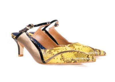 Yellow and Bronze nappa leather, 2 inch heel mule style shoes