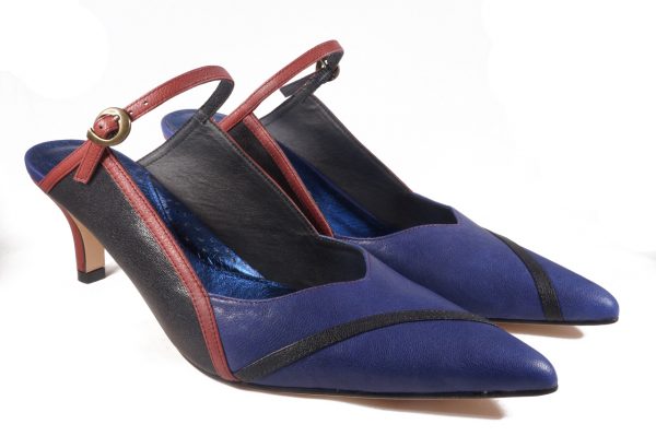 Blue Red and Black nappa leather, 2 inch heel mule style shoes