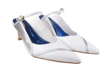 White and silver nappa leather, 2 inch heel mule style shoes