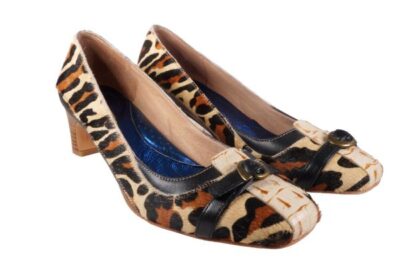 Leopard pony hair, 1.5 inch heel, square toe pump, buckle strap mixed media low heel