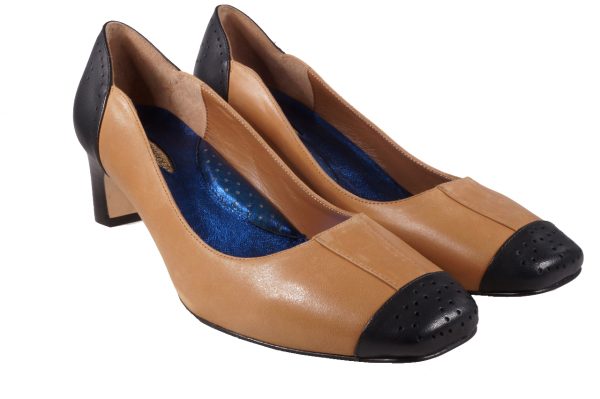 Black and camel nappa leather, spectator pump, 1.5 inch heel, two-tone low heel shoes