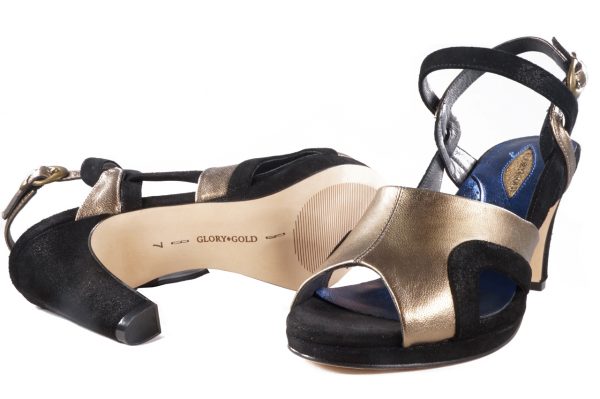Black suede bronze nappa leather, platform sandal 2.5 inch heel, two-tone retro platform shoes