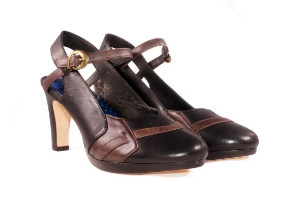 Black and brown nappa leather, sling-back mary jane, 2.5 inch heel platform pump, color block shoes