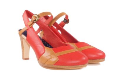 Red and camel nappa leather, sling-back mary jane, 2.5 inch heel platform pump, color block shoes