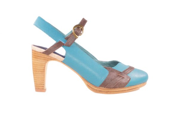 Turquoise and brown nappa leather, sling-back mary jane, 2.5 inch heel platform pump, color block shoes