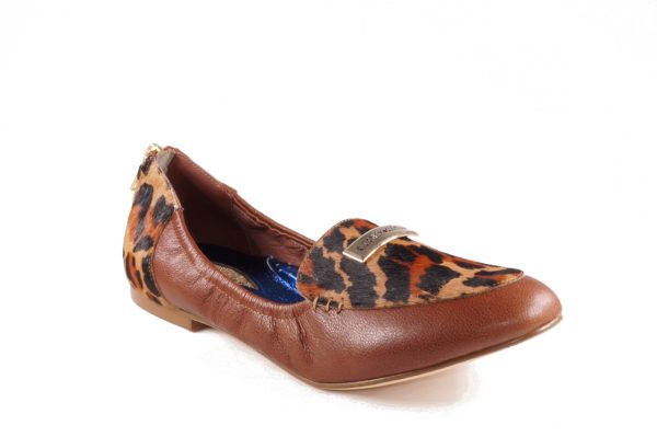 Cognac and leopard nappa leather, round toe loafer flat, with Glory Gold Logo emblem