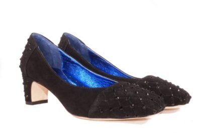 Black kid suede, rhinestone jewel adorned, 1.5 inch heel, square toe pump, low heel jeweled suede pump
