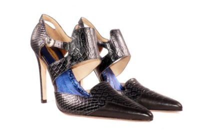 Glory Gold Signature Open Pump, point toe, croc embossed, 4 inch heel, buckle strap closure