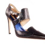 Glory Gold Signature Open Pump, point toe, croc embossed, 4 inch heel, buckle strap closure