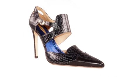 Glory Gold Signature Open Pump, point toe, croc embossed, 4 inch heel, buckle strap closure