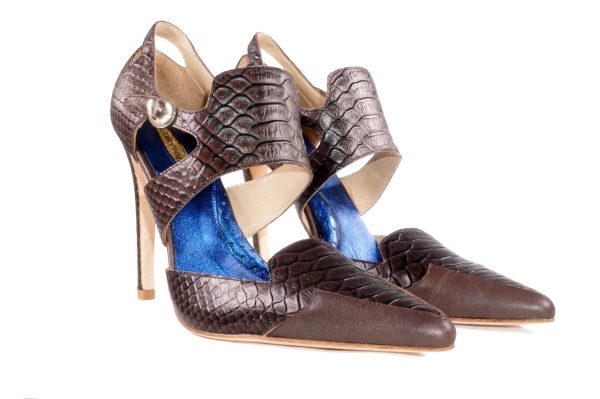 Glory Gold Signature Open Pump, point toe, croc embossed, 4 inch heel, buckle strap closure