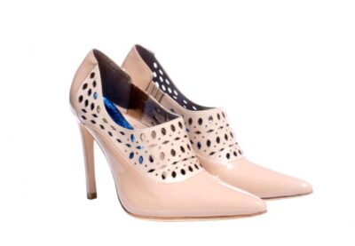 laser cutout patterned instep; mixed media, high cut shoe, patent leather, nappa finish, 4 inch heel