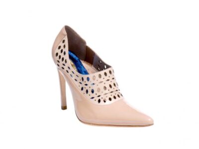 laser cutout patterned instep; mixed media, high cut shoe, patent leather, nappa finish, 4 inch heel